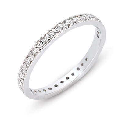 This Band is available in 14K White Gold. There are a total of 36 stones. There are Round with a total carat weight of 0.38 set in a Channel Set setting.