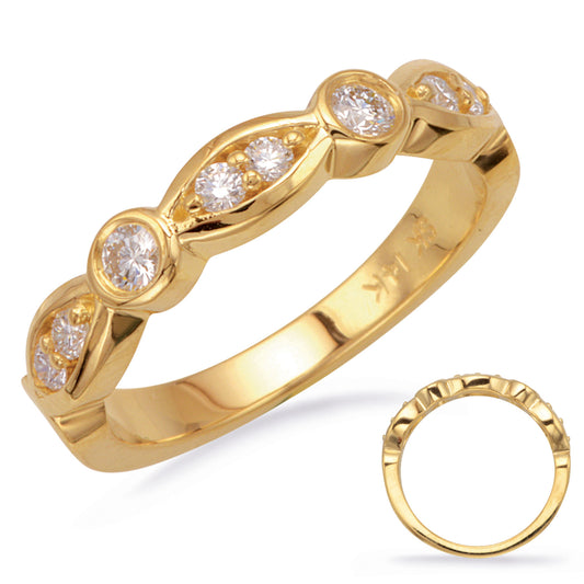 This Band is available in 14K Yellow Gold. There are a total of 8 stones. There are Round with a total carat weight of 0.32 set in a setting.