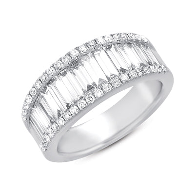 This Band is available in 14K White Gold. There are a total of 57 stones. There are Baguette with a total carat weight of 1.35 set in a Channel Set|Micro Prong setting.There are Round stones with a total carat weight of 0.34 set in a Channel Set|Micro Prong.
