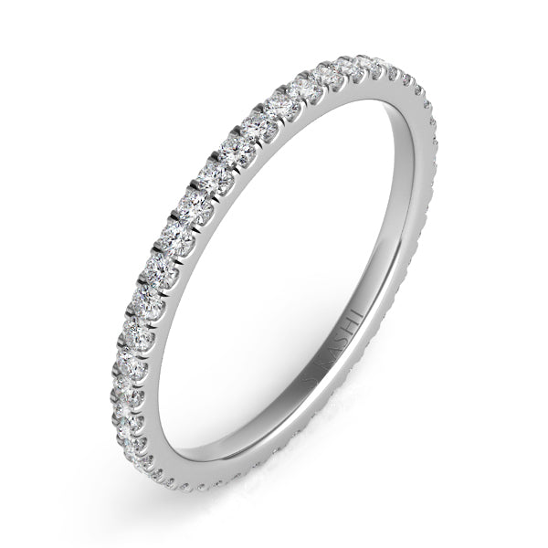 This Band is available in 14K White Gold. There are a total of 44 stones. There are Round with a total carat weight of 0.43 set in a Micro Prong setting.