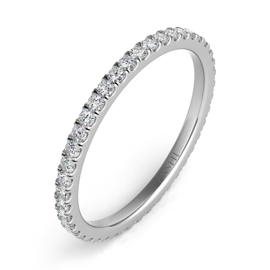 This Band is available in 14K White Gold. There are a total of 44 stones. There are Round with a total carat weight of 0.43 set in a Micro Prong setting.