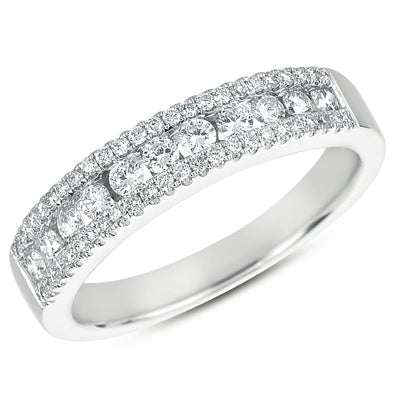 This Fashion Ring is available in 14K White Gold. There are a total of 59 stones. There are Rounds with a total carat weight of 0.48 set in a Channel Set|Micro Prong setting.