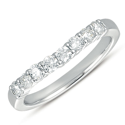 This Band is available in 14K White Gold. There are a total of 8 stones. There are Round with a total carat weight of 0.48 set in a Micro Prong setting.