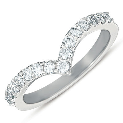 This Band is available in 14K White Gold. There are a total of 15 stones. There are Round with a total carat weight of 0.38 set in a Prong Set setting.