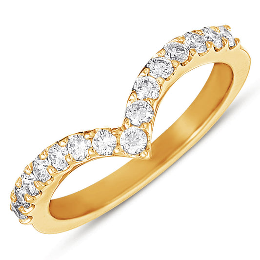 This Band is available in 14K Yellow Gold. There are a total of 15 stones. There are Round with a total carat weight of 0.38 set in a Prong Set setting.