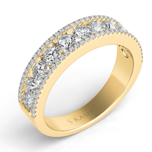 This Fashion Ring is available in 14K Yellow Gold. There are a total of 83 stones. There are Rounds with a total carat weight of 1.18 set in a Channel Set|Micro Prong setting.