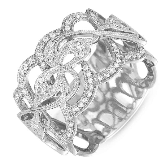 This Fashion Ring is available in 14K White Gold. There are a total of 81 stones. There are Rounds with a total carat weight of 0.28 set in a Micro Pave setting.