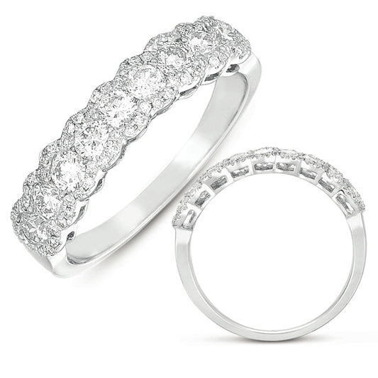 This Band is available in 14K White Gold. There are a total of 69 stones. There are Round with a total carat weight of 0.74 set in a Micro Prong setting.