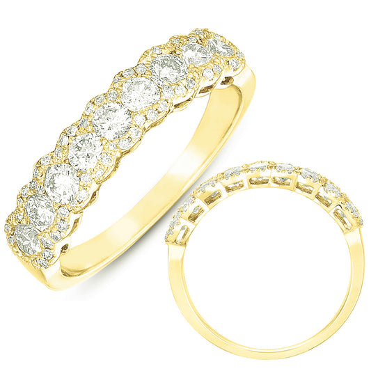 This Band is available in 14K Yellow Gold. There are a total of 69 stones. There are Round with a total carat weight of 0.74 set in a Micro Prong setting.