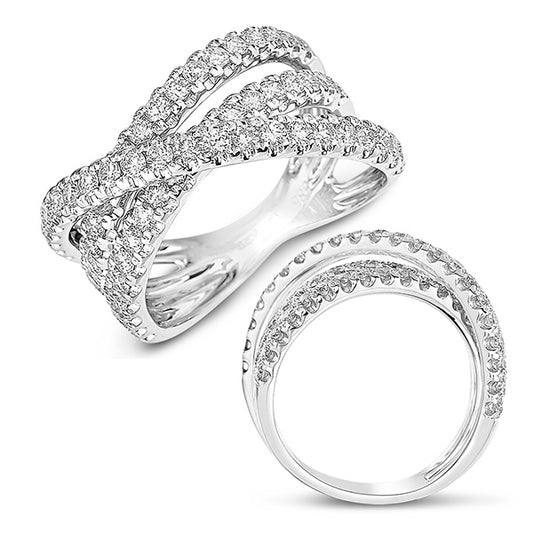 This Fashion Ring is available in 14K White Gold. There are a total of 60 stones. There are Rounds with a total carat weight of 1.23 set in a Prong Set setting.