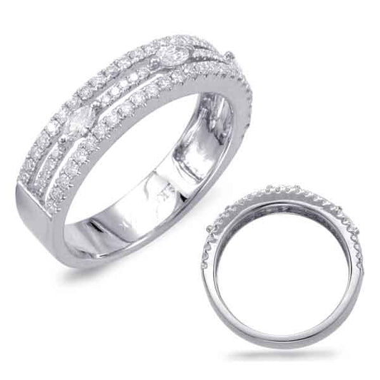 This Band is available in 14K White Gold. There are a total of 75 stones. There are Marquise with a total carat weight of 0.18 set in a setting.There are Round stones with a total carat weight of 0.54 set in a .