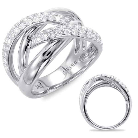 This Fashion Ring is available in 14K White Gold. There are a total of 58 stones. There are Rounds with a total carat weight of 0.72 set in a Micro Pave setting.