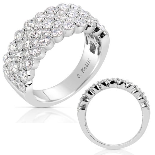This Fashion Ring is available in 14K White Gold. There are a total of 53 stones. There are Rounds with a total carat weight of 2.25 set in a Prong Set setting.