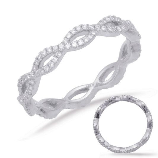 This Band is available in 14K White Gold. There are a total of 130 stones. There are Round with a total carat weight of 0.38 set in a Micro Prong setting.