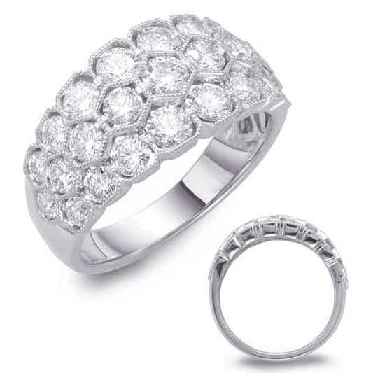 This Fashion Ring is available in 14K White Gold. There are a total of 25 stones. There are Rounds with a total carat weight of 2.14 set in a Bezel Set setting.