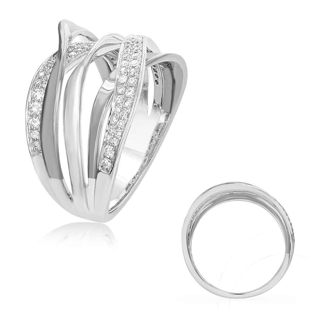 This Fashion Ring is available in 14K White Gold. There are a total of 72 stones. There are Rounds with a total carat weight of 0.37 set in a Micro Pave setting.