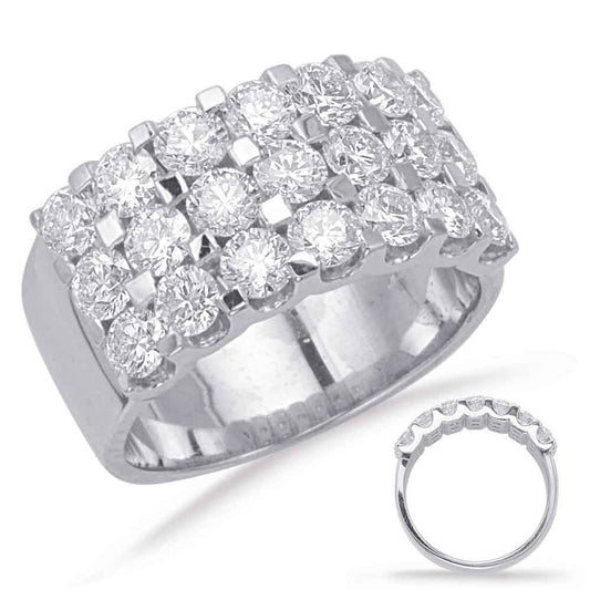 This Fashion Ring is available in 14K White Gold. There are a total of 21 stones. There are Rounds with a total carat weight of 3.36 set in a Prong Set setting.