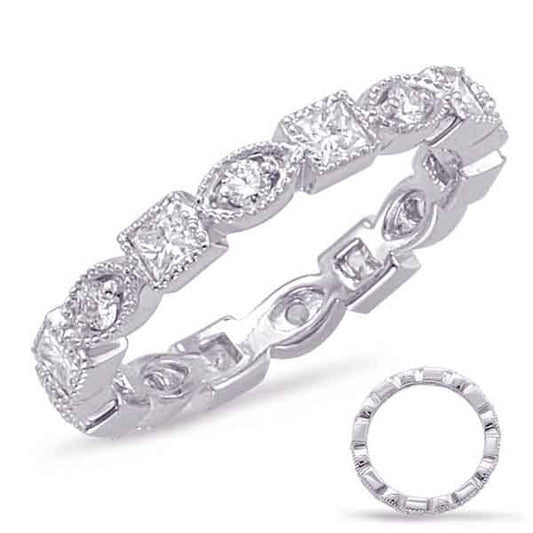 This Band is available in 14K White Gold. There are a total of 16 stones. There are Princess with a total carat weight of 0.6 set in a Bezel Set|Micro Prong setting.There are Round stones with a total carat weight of 0.24 set in a Bezel Set|Micro Prong.