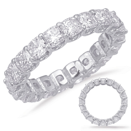This Band is available in 14K White Gold. There are a total of 20 stones. There are Cushion with a total carat weight of 4.08 set in a Prong Set|Shared Prongs setting.