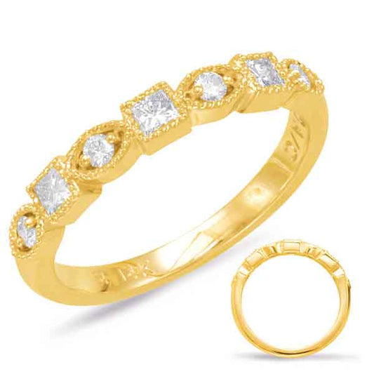 This Band is available in 14K Yellow Gold. There are a total of 7 stones. There are Princess with a total carat weight of 0.23 set in a Bezel Set|Micro Prong setting.There are Round stones with a total carat weight of 0.12 set in a Bezel Set|Micro Prong.