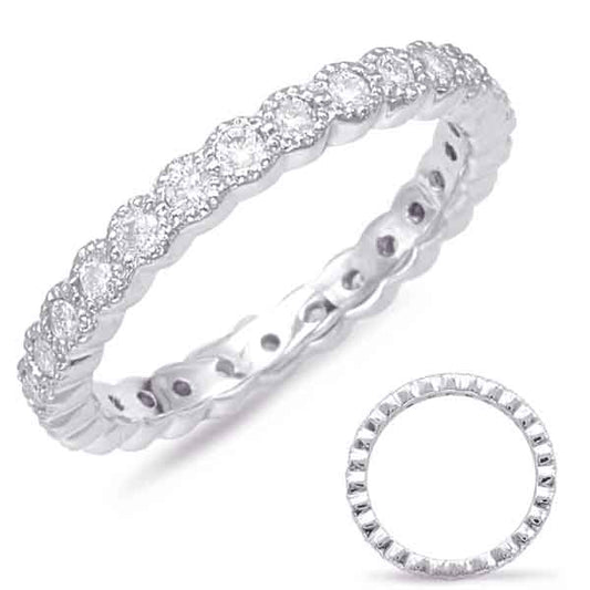 This Band is available in 14K White Gold. There are a total of 27 stones. There are Round with a total carat weight of 0.58 set in a Bezel Set setting.