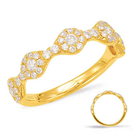 This Band is available in 14K Yellow Gold. There are a total of 53 stones. There are Round with a total carat weight of 0.56 set in a Micro Prong setting.