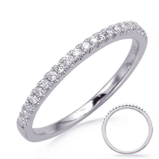This Band is available in 14K White Gold. There are a total of 21 stones. There are Round with a total carat weight of 0.16 set in a Micro Prong setting.