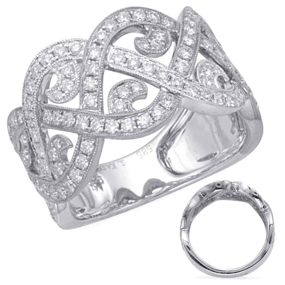 This Fashion Ring is available in 14K White Gold. There are a total of 112 stones. There are Rounds with a total carat weight of 0.9 set in a Micro Prong setting.