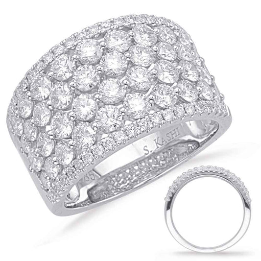 This Fashion Ring is available in 14K White Gold. There are a total of 80 stones. There are Rounds with a total carat weight of 2.47 set in a Micro Prong|Prong Set|Shared Prongs setting.