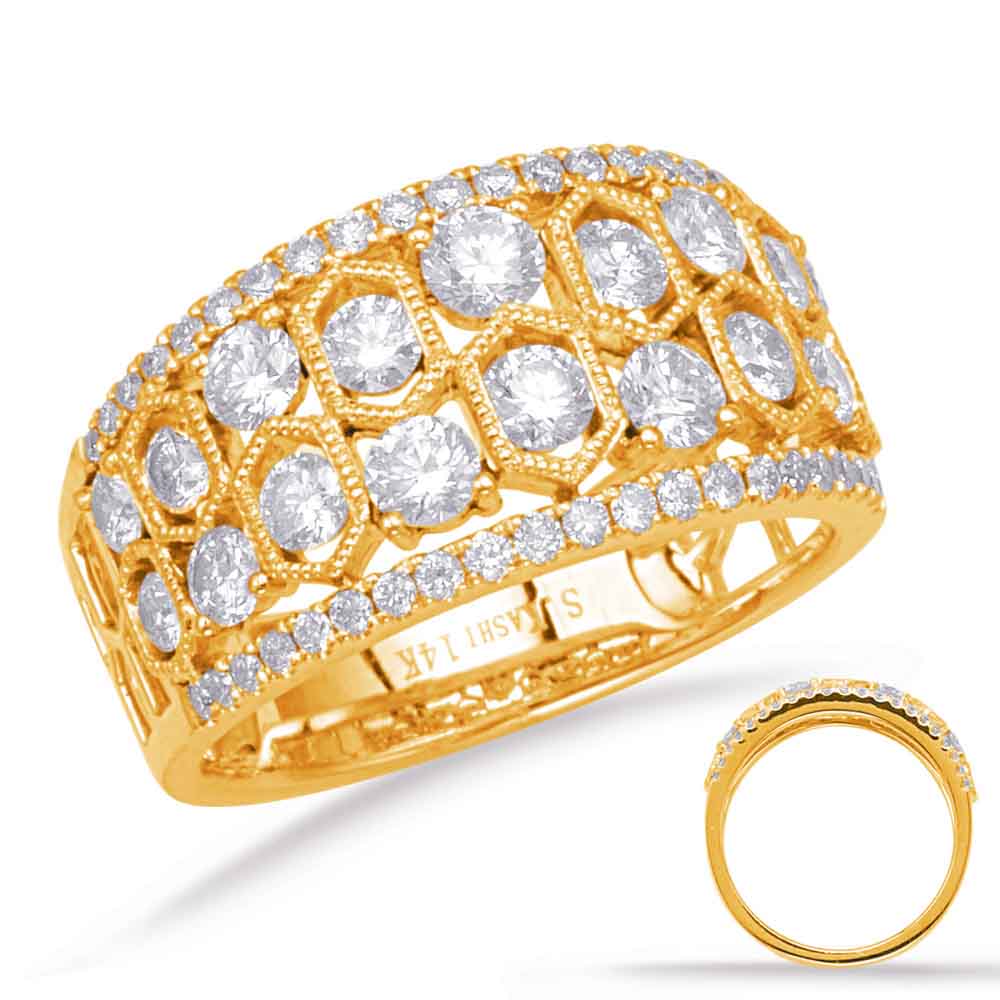 This Fashion Ring is available in 14K Yellow Gold. There are a total of 60 stones. There are Rounds with a total carat weight of 1.38 set in a Channel Set|Micro Prong|Prong Set setting.