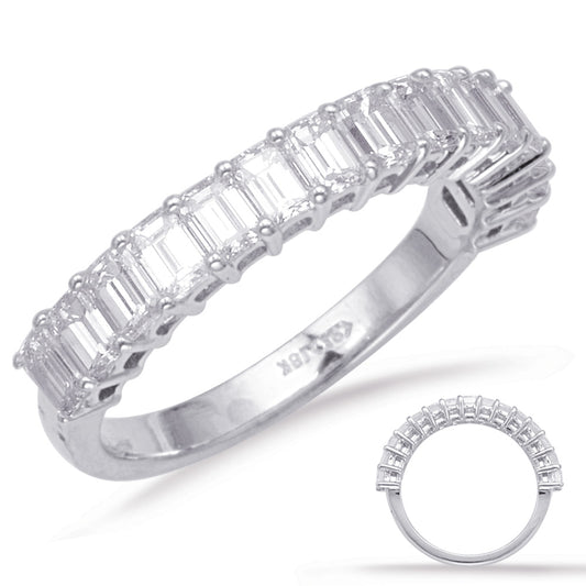 This Band is available in 14K White Gold. There are a total of 15 stones. There are Emerald Cut with a total carat weight of 1.6 set in a setting.