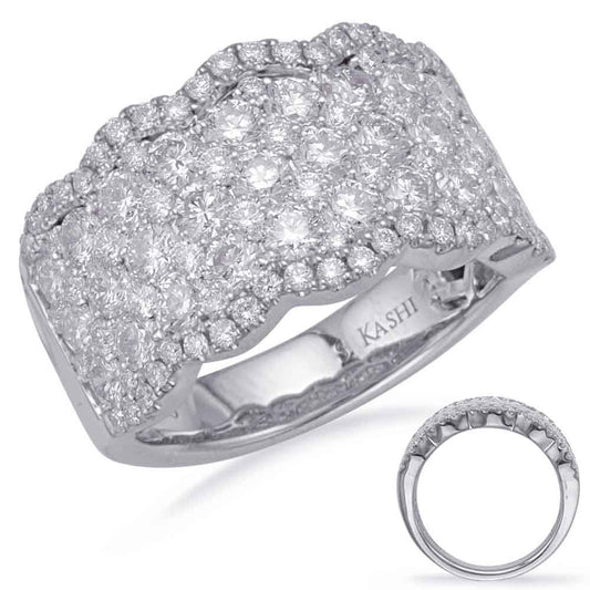 This Fashion Ring is available in 14K White Gold. There are a total of 106 stones. There are Rounds with a total carat weight of 2.61 set in a Micro Prong|Prong Set setting.