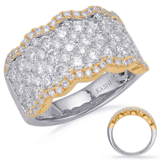 This Fashion Ring is available in 14K Yellow & White Gold. There are a total of 106 stones. There are Rounds with a total carat weight of 2.61 set in a Micro Prong|Prong Set setting.