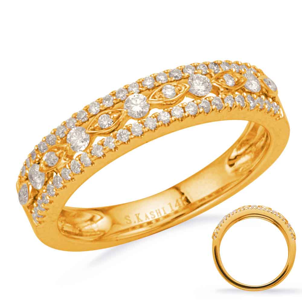 This Fashion Ring is available in 14K Yellow Gold. There are a total of 63 stones. There are Rounds with a total carat weight of 0.35 set in a Micro Prong|Prong Set|Shared Prongs setting.