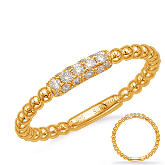 This Band is available in 14K Yellow Gold. There are a total of 17 stones. There are Round with a total carat weight of 0.17 set in a Micro Prong setting.