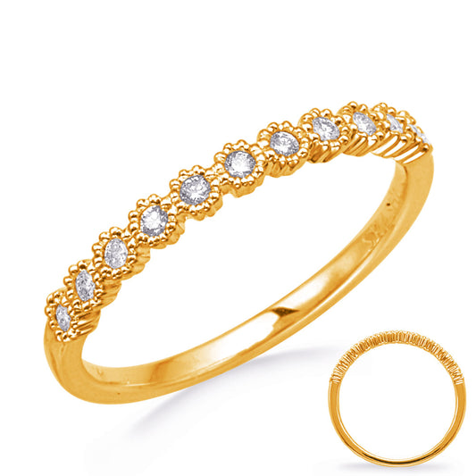 This Band is available in 14K Yellow Gold. There are a total of 11 stones. There are Round with a total carat weight of 0.13 set in a Bezel Set setting.