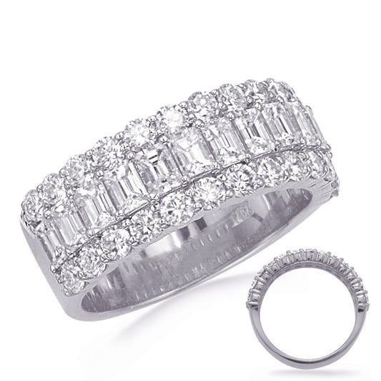 This Band is available in 14K White Gold. There are a total of 39 stones. There are Emerald Cut with a total carat weight of 1.5 set in a setting.There are Round stones with a total carat weight of 0.88 set in a .