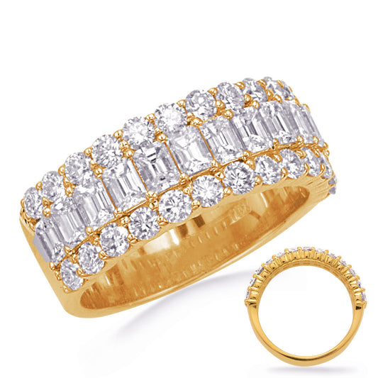 This Band is available in 14K Yellow Gold. There are a total of 39 stones. There are Emerald Cut with a total carat weight of 1.5 set in a setting.There are Round stones with a total carat weight of 0.88 set in a .