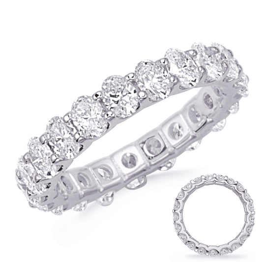 This Band is available in 14K White Gold. There are a total of 21 stones. There are Oval with a total carat weight of 3 set in a Prong Set|Shared Prongs setting.
