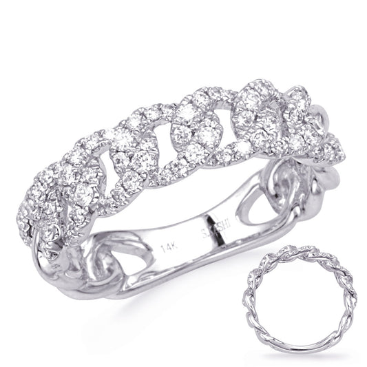 This Band is available in 14K White Gold. There are a total of 70 stones. There are Round with a total carat weight of 0.55 set in a Micro Prong setting.