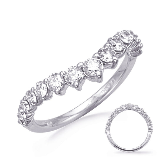 This Band is available in 14K White Gold. There are a total of 15 stones. There are Round with a total carat weight of 0.76 set in a Micro Prong setting.
