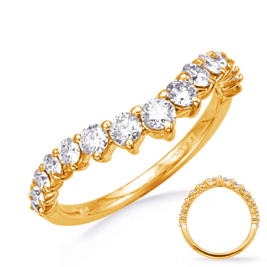 This Band is available in 14K Yellow Gold. There are a total of 15 stones. There are Round with a total carat weight of 0.76 set in a Micro Prong setting.