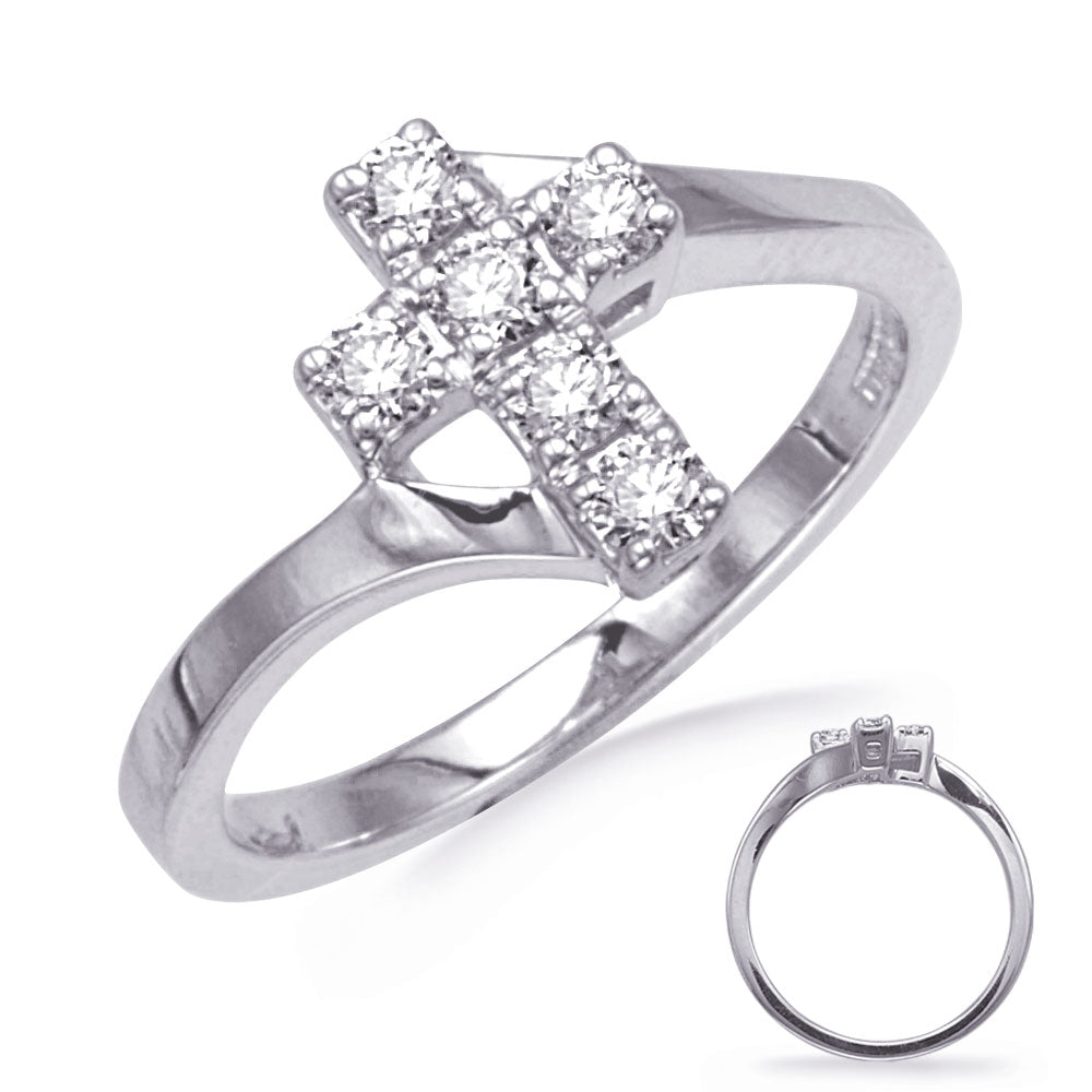 This Fashion Ring is available in 14K White Gold. There are a total of 6 stones. There are Rounds with a total carat weight of 0.35 set in a setting.