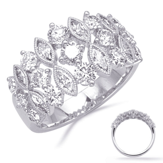 This Fashion Ring is available in 14K White Gold. There are a total of 23 stones. There are Marquise with a total carat weight of 0.53 set in a Bezel Set|Prong Set setting.There are Rounds stones with a total carat weight of 1.32 set in a Bezel Set|Prong Set.