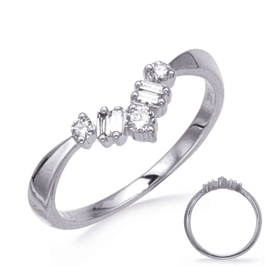 This Band is available in 14K White Gold. There are a total of 7 stones. There are Baguette with a total carat weight of 0.07 set in a Prong Set setting.There are Round stones with a total carat weight of 0.12 set in a Prong Set.