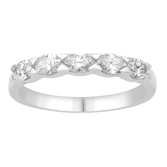 This Fashion Ring is available in 14K White Gold. There are a total of 5 stones. There are Oval with a total carat weight of 0.76 set in a Channel Set setting.