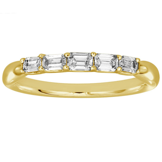 This Fashion Ring is available in 14K Yellow Gold. There are a total of 5 stones. There are Emerald Cut with a total carat weight of 0.49 set in a Prong Set setting.