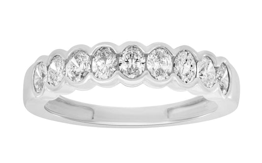 This Fashion Ring is available in 14K White Gold. There are a total of 9 stones. There are Oval with a total carat weight of 0.82 set in a Channel Set setting.