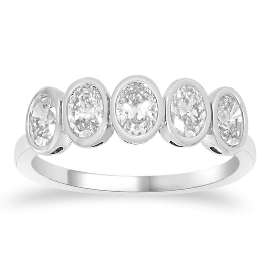 This Fashion Ring is available in 14K White Gold. There are a total of 5 stones. There are Oval with a total carat weight of 1.04 set in a Bezel Set setting.