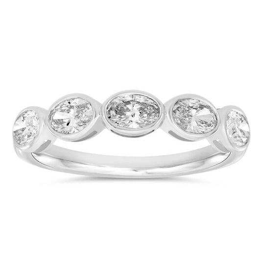 This Fashion Ring is available in 14K White Gold. There are a total of 5 stones. There are Oval with a total carat weight of 0.46 set in a Bezel Set setting.